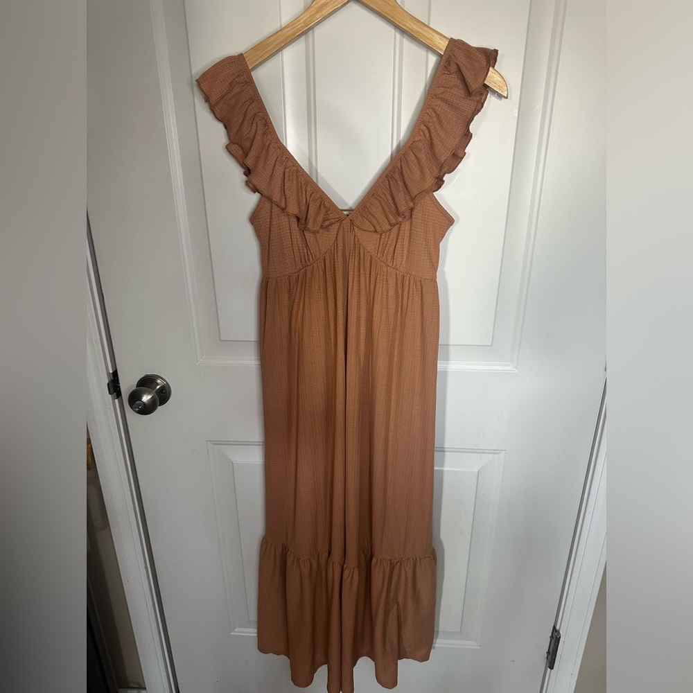 Caution To The Wind Camel Ribbed Knit Boho Ruffle Sleeve Tiered Maxi Dress